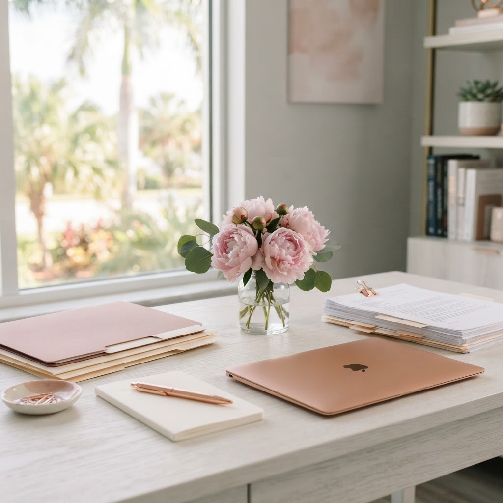A clean, organized legal document preparation workspace with folders, a pen, and soft pink flowers