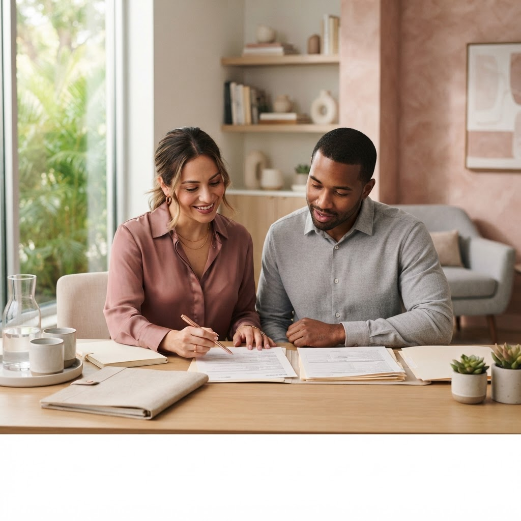 A Florida couple calmly reviewing prepared documents with a professional
