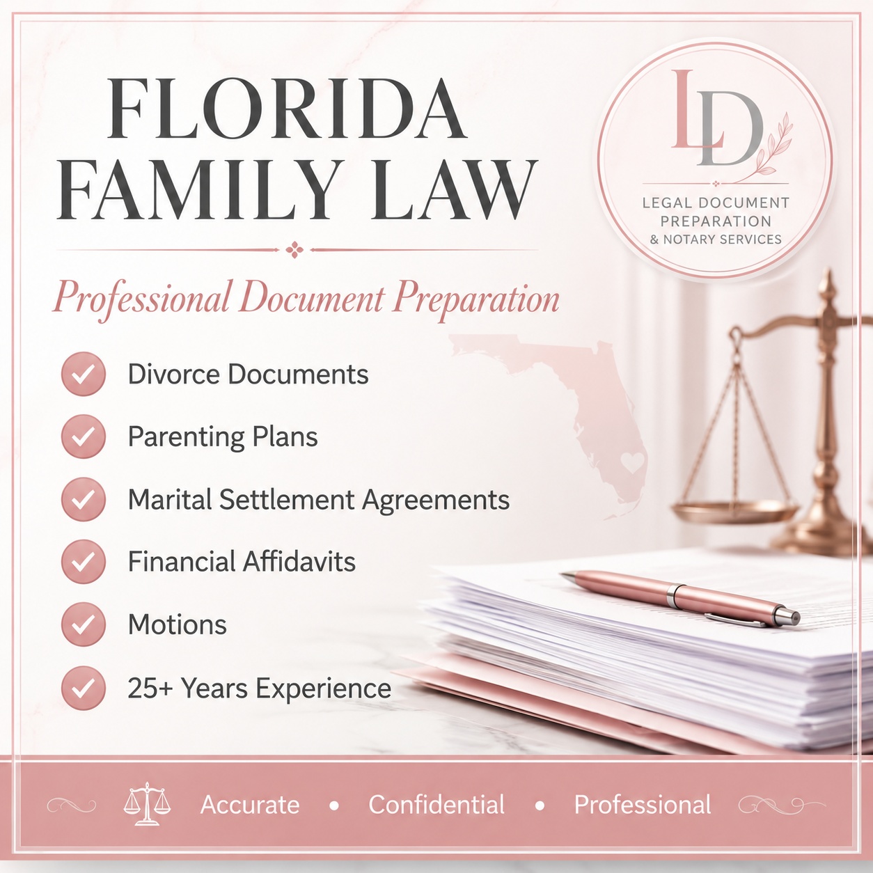 Florida family law document preparation services: divorce documents, parenting plans, marital settlement agreements, financial affidavits, and motions