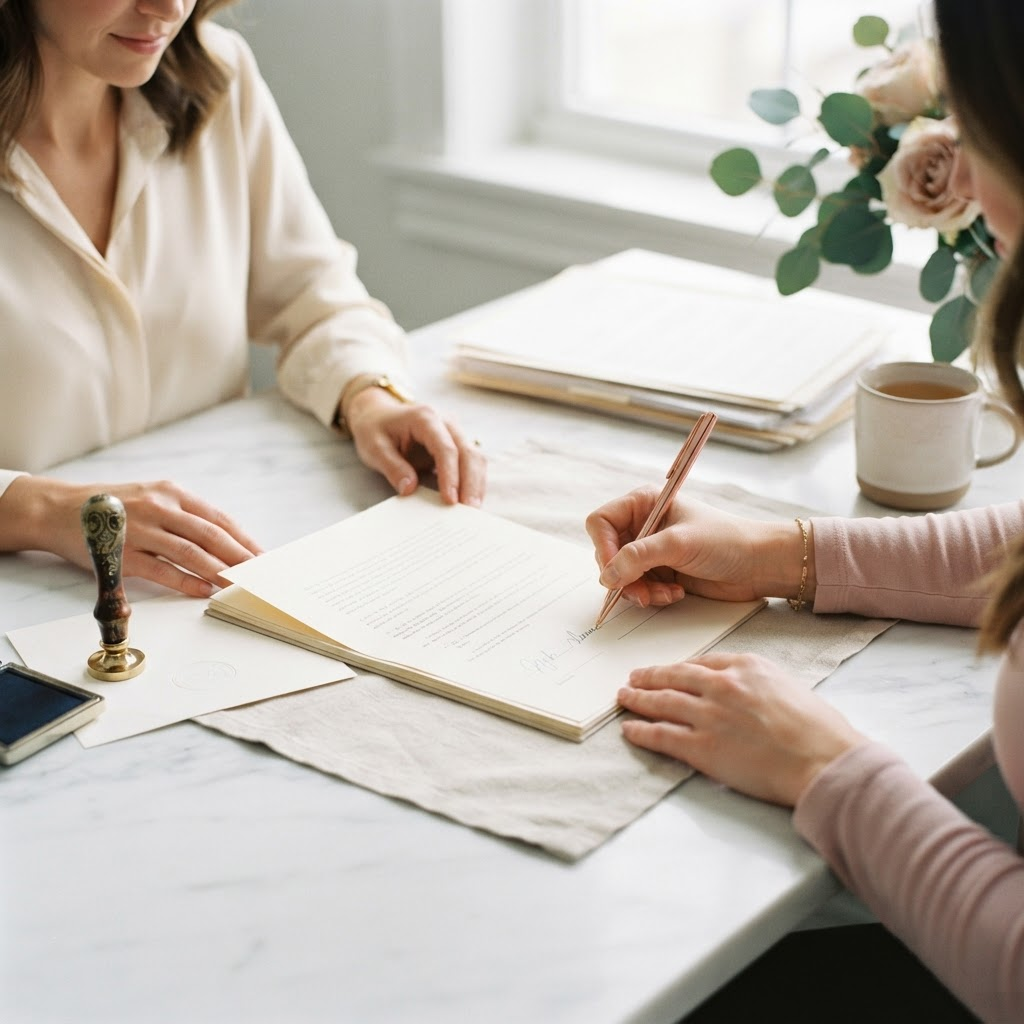 A notary overseeing the signing of a document at a table